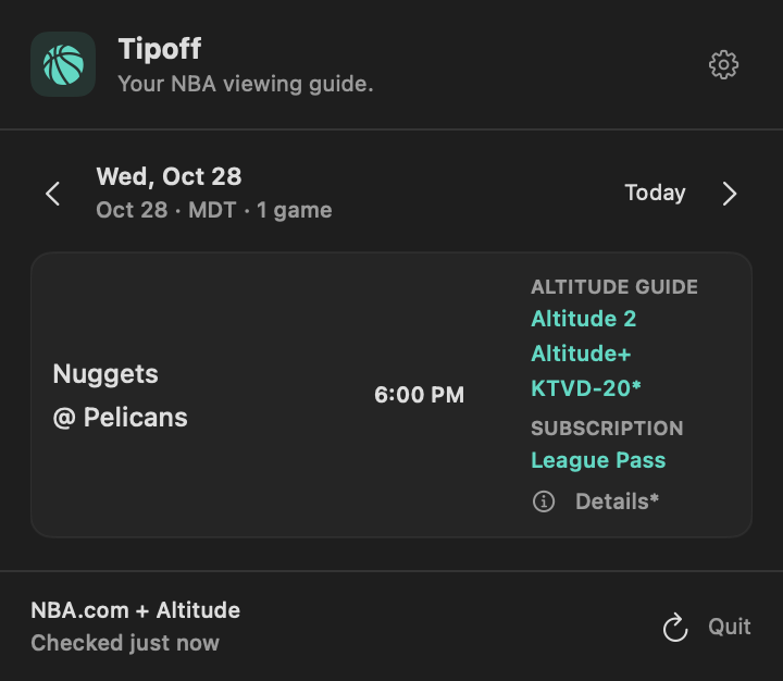Tipoff showing a Nuggets game, local tipoff time, and source-listed broadcasters